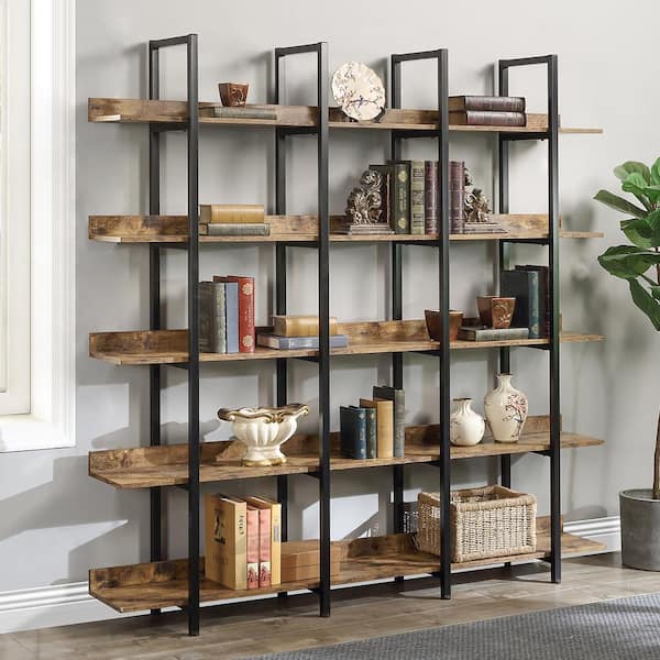 YOFE 70.87 in. Brown MDF Board Wooden 5-Shelf Accent Bookcase with Metal Frame Vintage Industrial Home Office Open Bookshelf