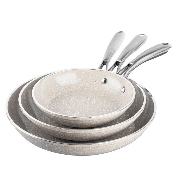 Ceraluxe 8 in., 10 in., 12 in. Aluminum Ceramic Nonstick Beige Frying Pan, 3-Pack