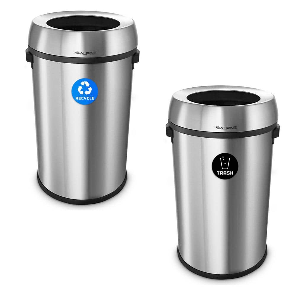 Alpine Industries 17 Gal. Stainless Steel Open Top Recycling Bin and Trash Can (2-Pack), Silver -  470-65L-R-T