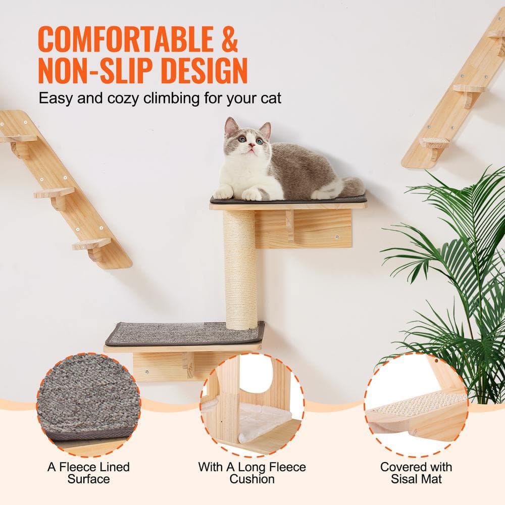 Natural Pine Wood Wall Mounted Cat Shelves Set with Hammocks
