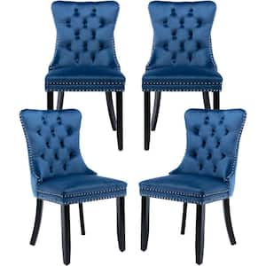 Modern Blue Velvet Dining Chairs Set of 4, Tufted Upholstered Wing Back Chairs with Back Ring Pull, Nailhead Trim