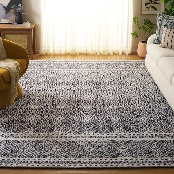 Micro-Loop 9 ft. x 12 ft. Black/Ivory Multi-Diamond Border Area Rug