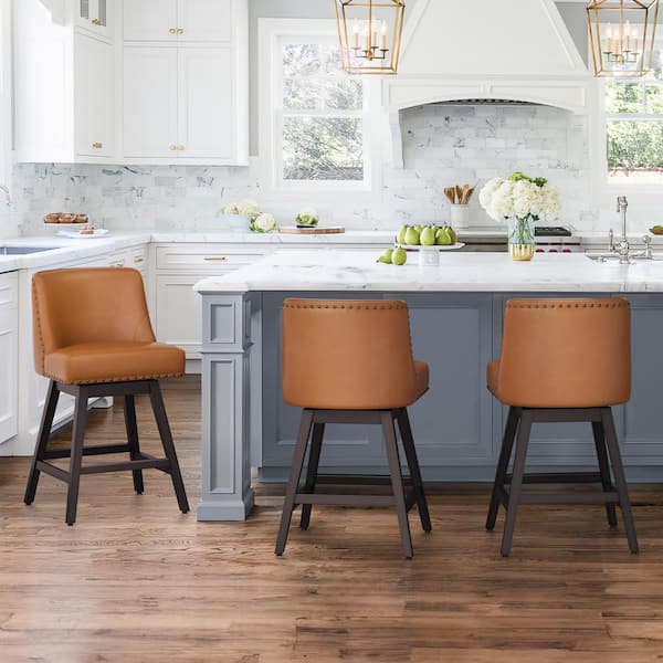 OrangeOne Hampton 26 in. Solid Wood Brown Swivel Bar Stools with Back Faux Leather Upholstered Counter Bar stool Set of 3