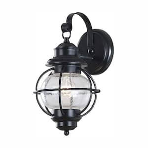 Greer 1-Light Black Outdoor Wall Lantern Sconce Light with Caged Seeded Glass