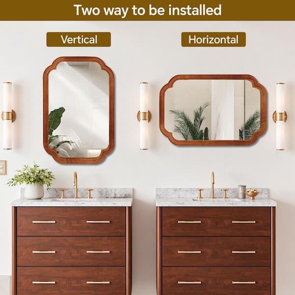 Yellow Brown 24 in. W x 36 in. H Rectangle Solid Wood Frame Mirror with Rounded Corners for Bathroom Living Room Decor