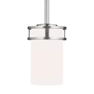 Robie 1-Light Brushed Nickel Craftsman Mini Pendant with Etched/White Inside Glass Shade