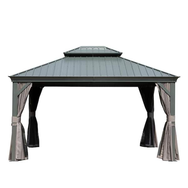 domi outdoor living 14 ft. W x 12 ft. D Gray Hardtop Gazebo with Aluminum Frame, Galvanized Steel Double Roof