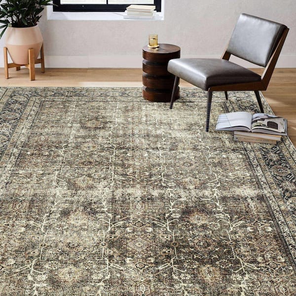 8 x 10 Large Brown Low Pile Retro Rug, Washable Accent Rug for Dining Room Living Room
