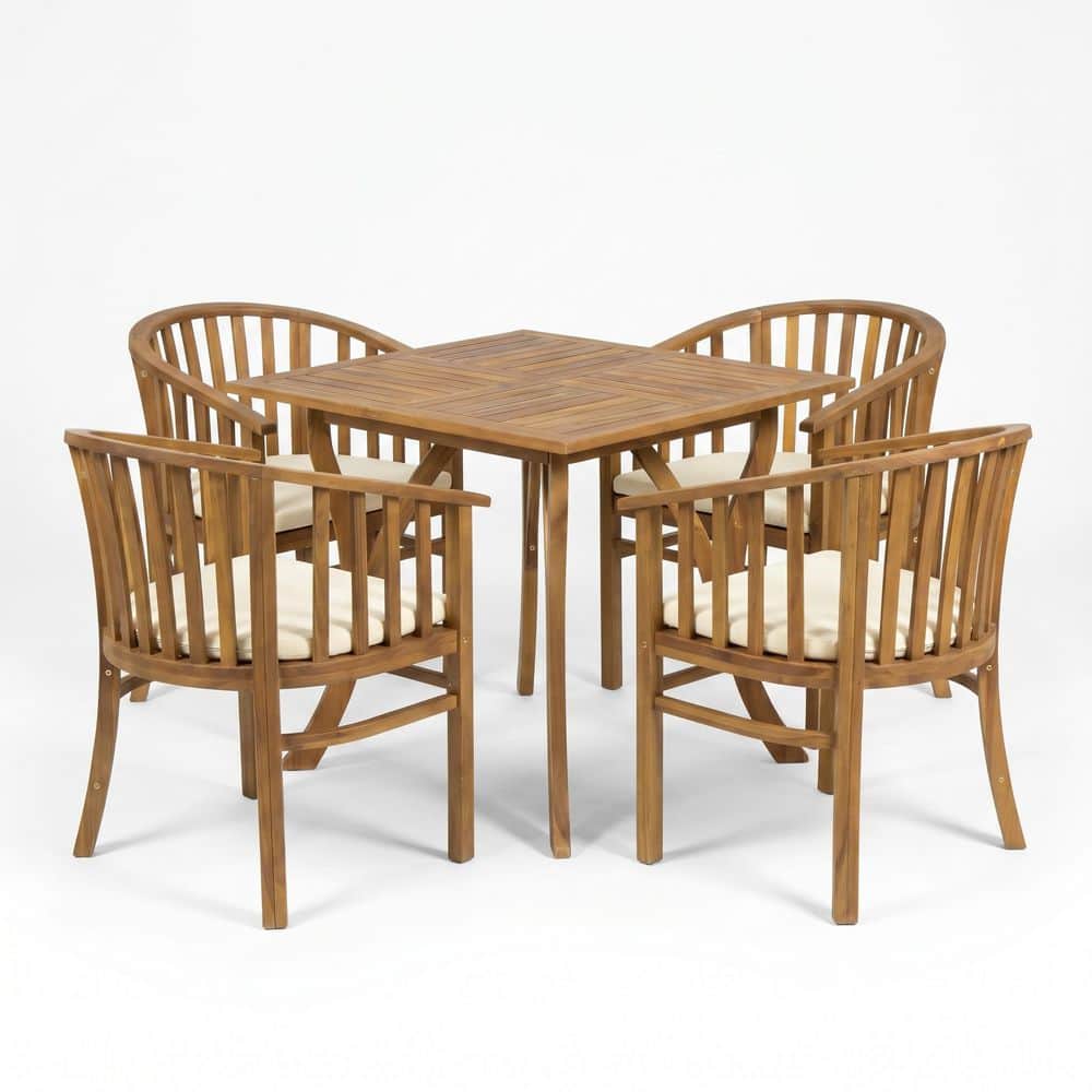 Hordix 5-Piece Teak Finish Acacia Wood Patio Outdoor Dining Set with Square Table and Cream Cushions price history on PriceWatchPro