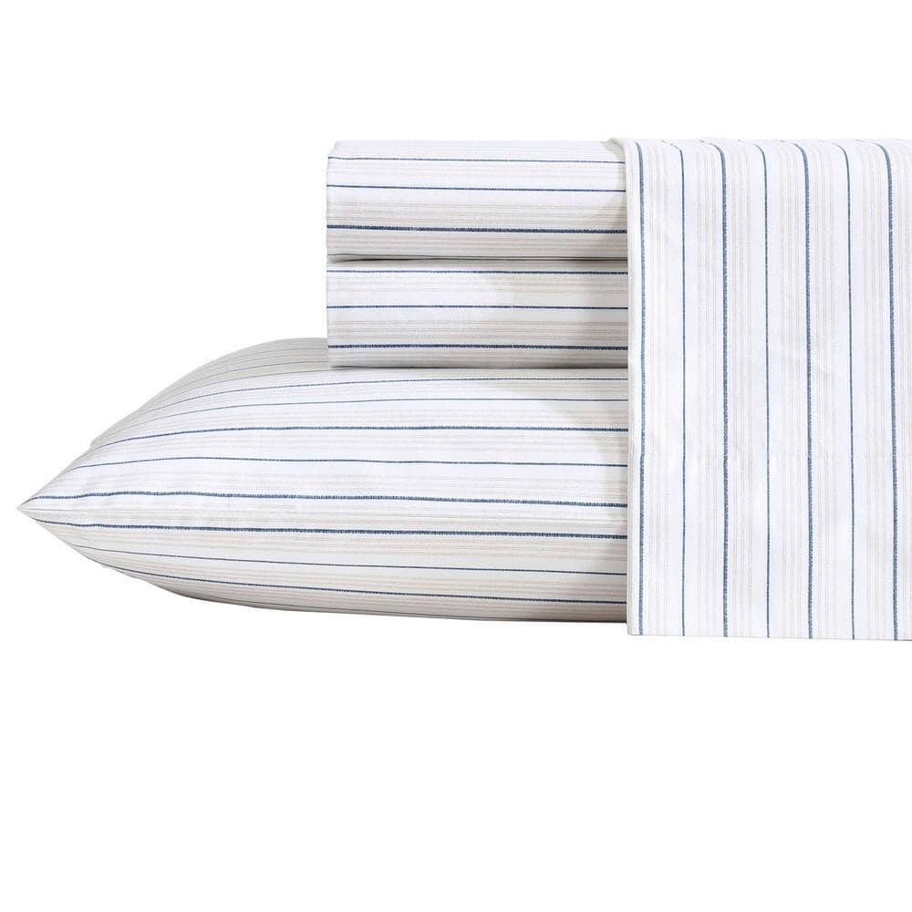 Twin XL Beige and Navy Cotton Percale Stripe Sheet Set