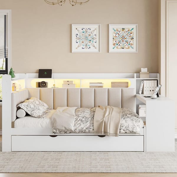 White Full Daybed with Storage Shelves,Trundle, Charging Station, LED Light, Desk and Upholstered Headboard and Backrest