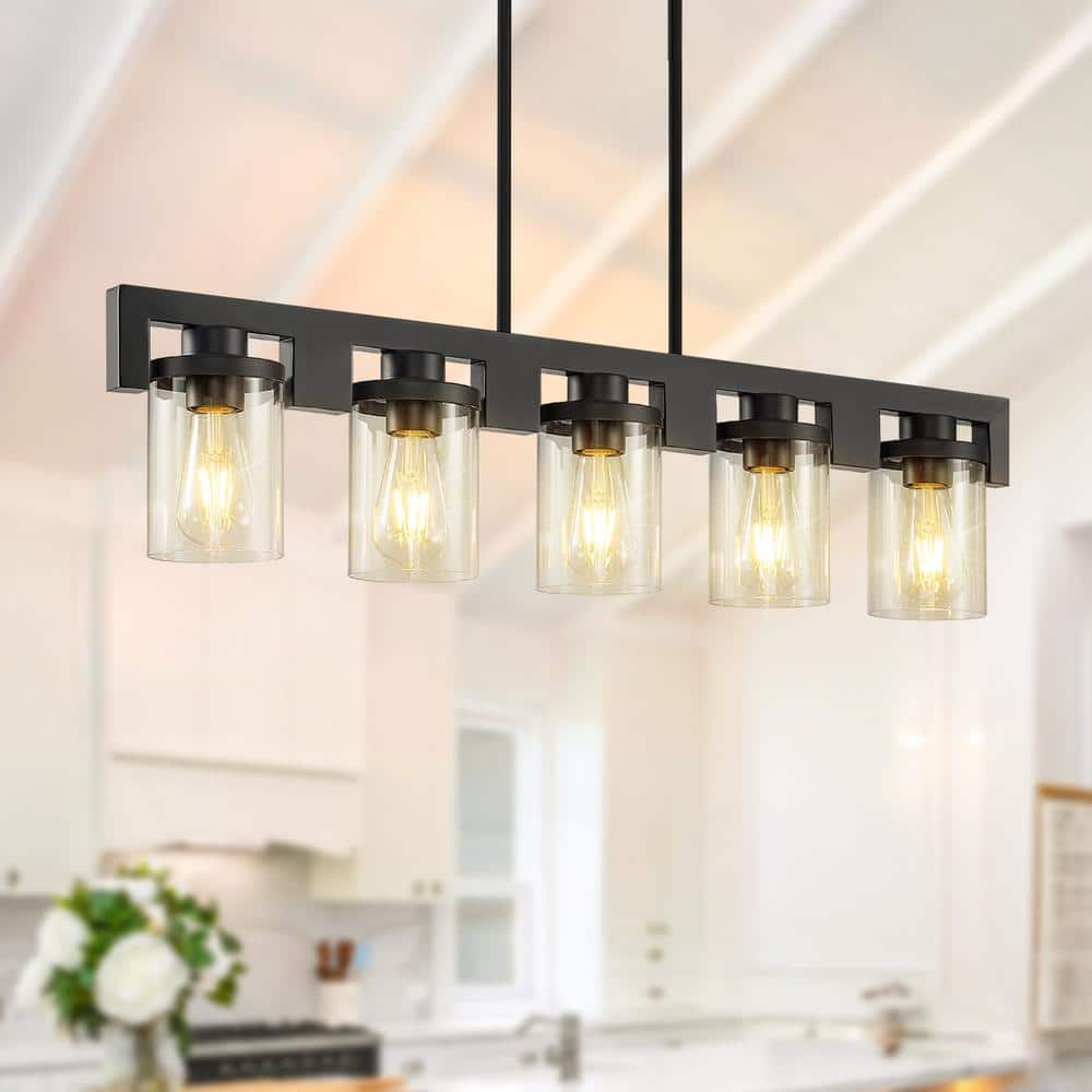 Black and Wood 5-Light Linear Island Chandelier