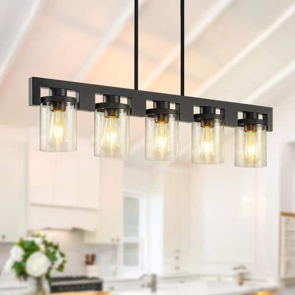 Magic Home 5-Light Modern Industrial Chandelier Rectangle Black Linear Pendant Light Over Table for Kitchen Island Dinning Room