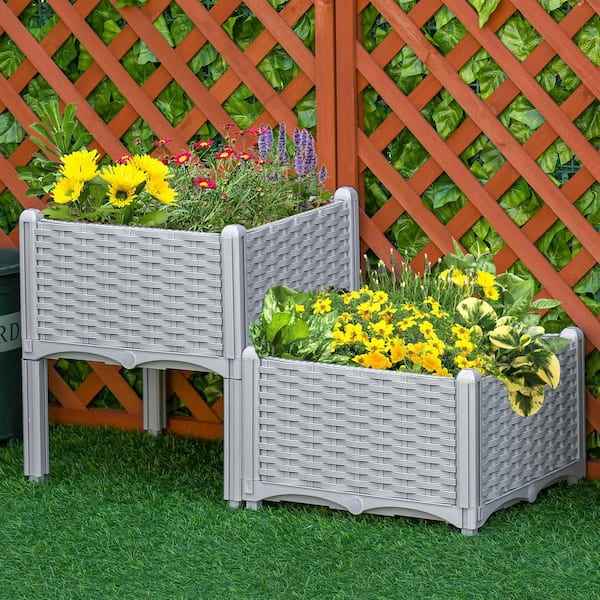 Otryad 16 in. L x 16 in. W x 17 in. H Gray Polypropylene Raised Garden Bed with Legs and Self-Watering Planter Box (2-Piece)