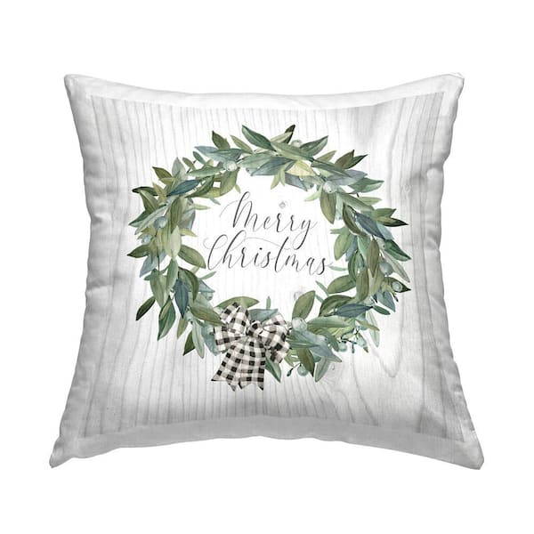 Merry Christmas Wreath Off-White Print Polyester 18in. X 18in. Throw Pillow