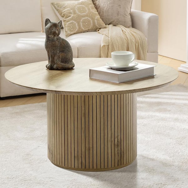 Owen Oak 31.5 in. W Modern Coffee Table with Vertical Slatted Wooden Base