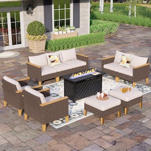 Brown Wicker Rattan 9 Seat 10-Piece Steel Outdoor Patio Conversation Set with Beige Cushions, Rectangular Fire Pit Table