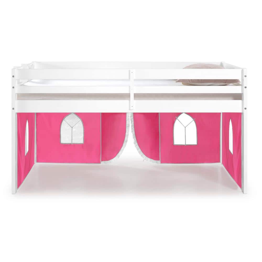 White Twin Pine Loft Bed with Pink Playhouse Tent