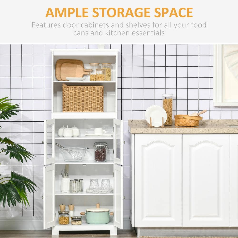White 63" Freestanding Kitchen Pantry with Glass Doors