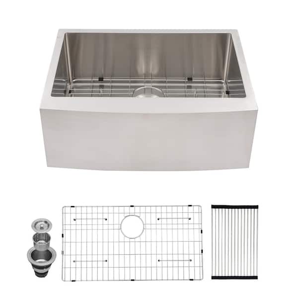 27 in. Single Bowl 16-Gauge T304 Stainless Steel Farmhouse Kitchen Sink with Bottom Grid and Strainer