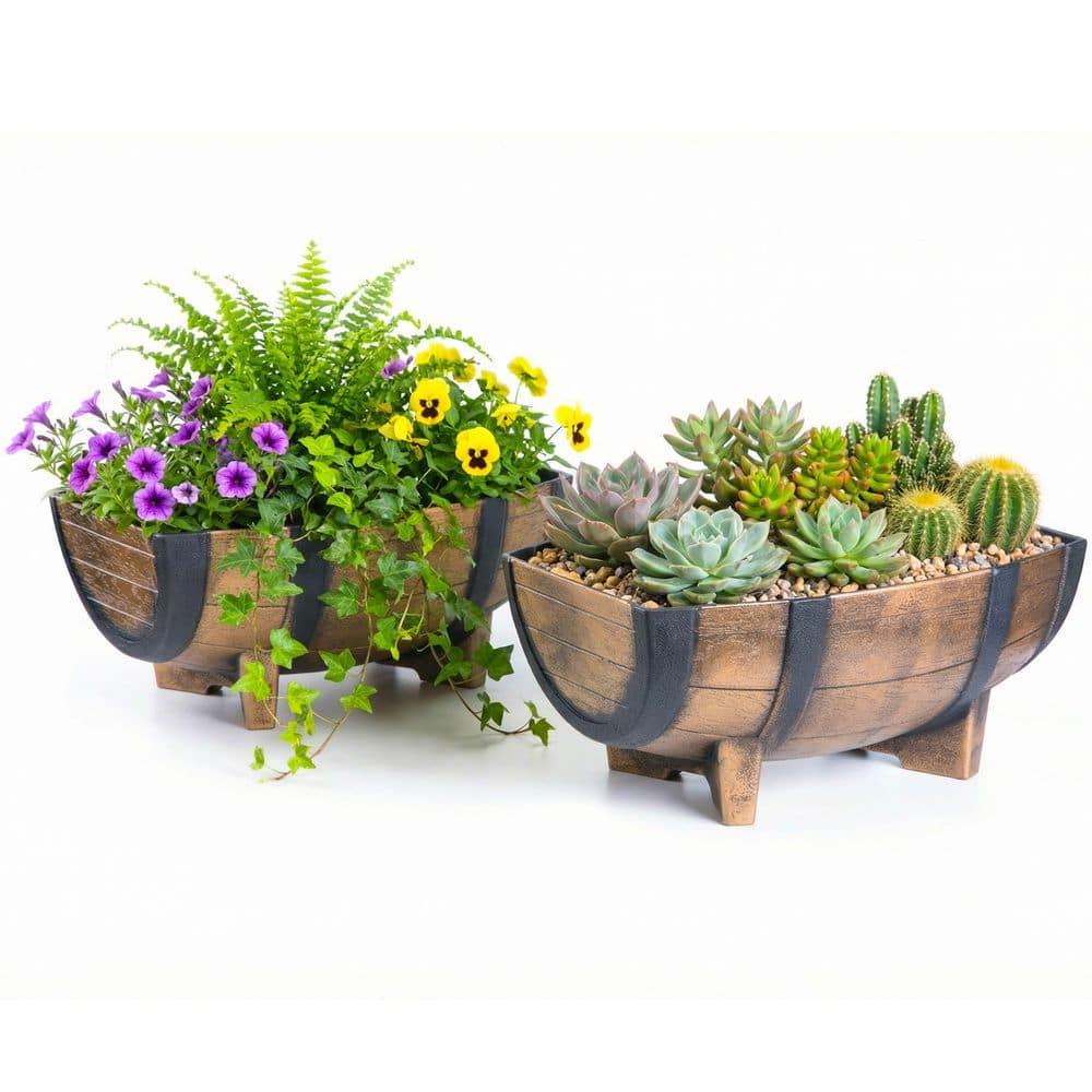 Gardenised Rustic Wood-Look Plastic Half Barrel Flower Pot Garden
