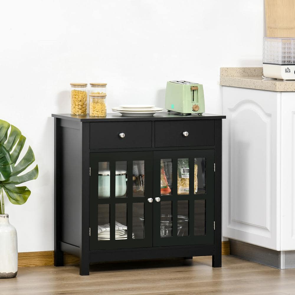Black Wood Sideboard Buffet Cabinet with Glass Doors