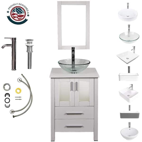 TOOLKISS 24 in. W x 19 in. D x 32.3 in. H Single Sink Bath Vanity in White with White Wood Top and Mirror
