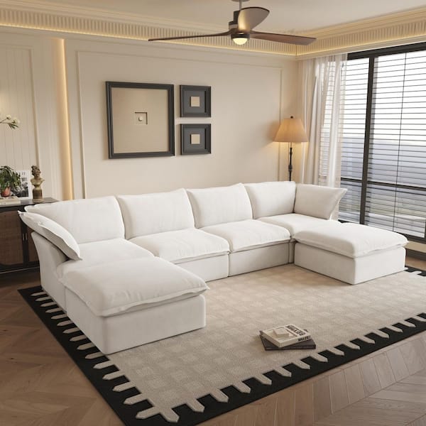 162.98 in Wide Flared Arm Linen U Shaped 6-pieces Down Feather Sofa with Storage Ottoman, Removable Covers in White