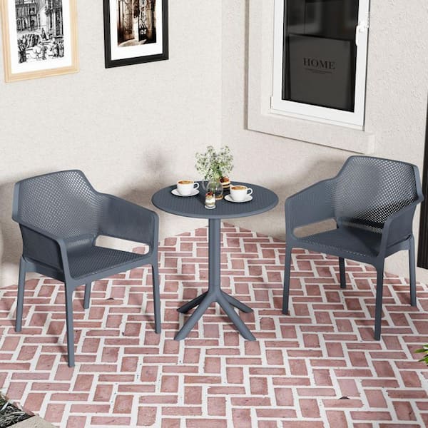 FASHION FINESSE LLC 3-Piece Ocean Plastic Round Arm Outdoor Bistro Set in Dark Gray