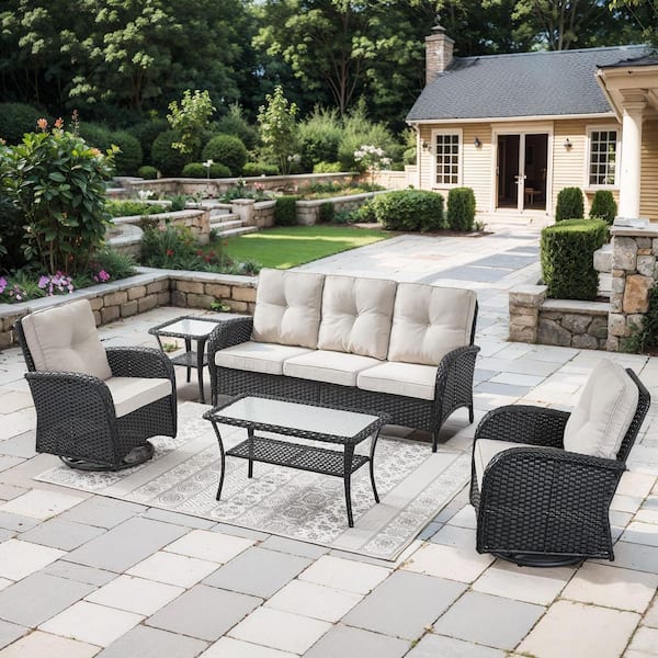 moosprr Flatarmrest 5-Piece Black Wicker Patio Conversation Set with Olefin Beige Cushion/Couch/Patio Swivel Chairs