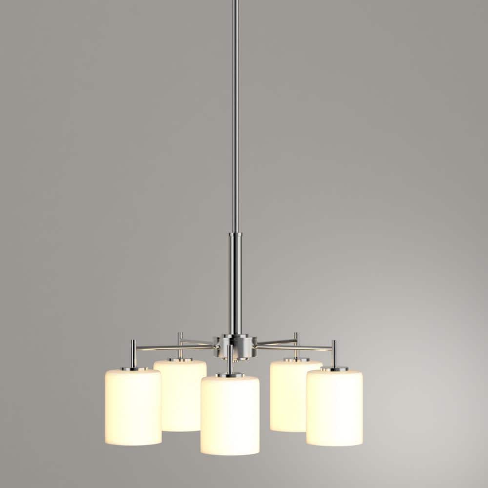 Polished Nickel 5-Light Chandelier with White Glass Shades