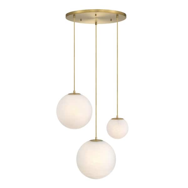 Pixie 3-Light Brushed Gold Modern Globe Chandelier for Entryways with Mixed-Size Etched Cloud Glass Shades
