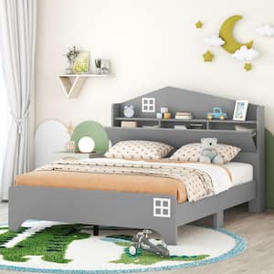 Gray Full Size Wood House Bed with Storage Headboard, Platform Bed with Storage Shelf