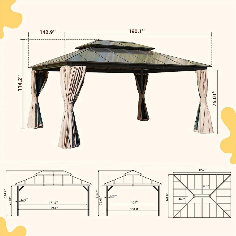 Lucio 12x16ft Brown Aluminum Hardtop Patio Gazebo with Curtains