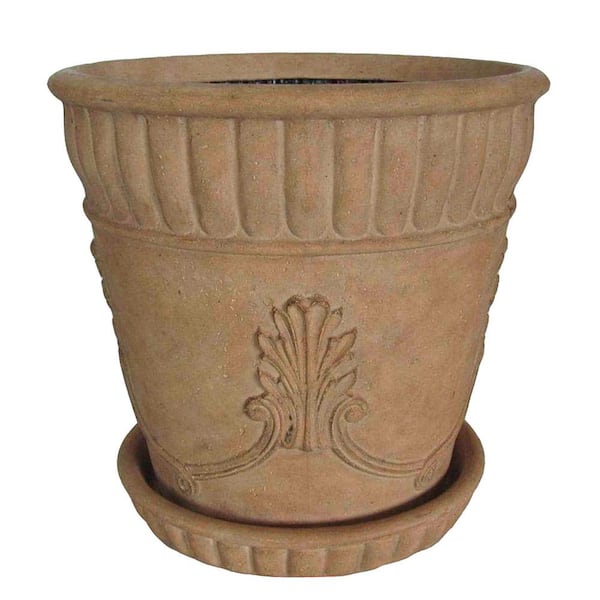 22.75 in. L x 22.75 in. W x 22.25 in. H Cast Stone Acanthus Pot with Saucer in Aged Ivory