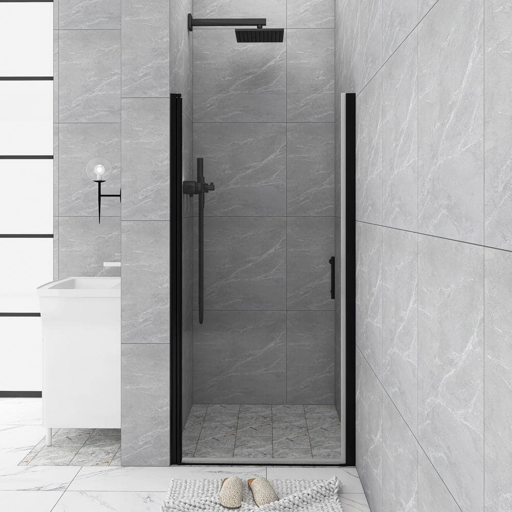34 in. W x 72 in. H Pivot Semi Frameless Shower Door in Matte Black with Cl