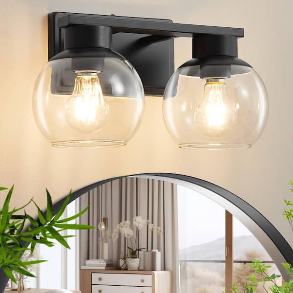 13.7 in. 2-Light Black Bathroom Vanity Light with Clear Glass Shades, Bulbs not Included