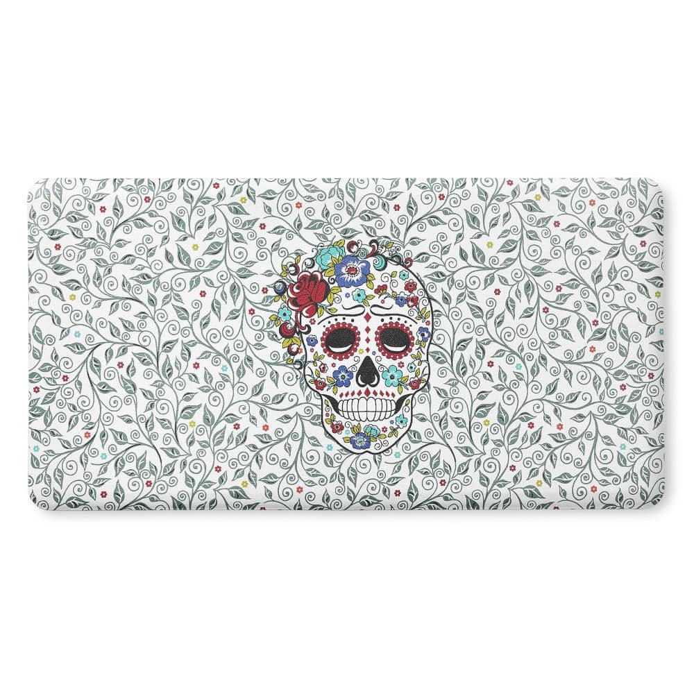 20 in. x 39 in. White and Black Skull & Vine Floral Sugar Skull Anti Fatigu