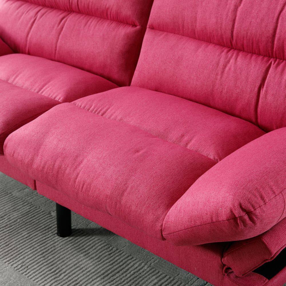 Close-up of the rose red tufted cushions on the loveseat.