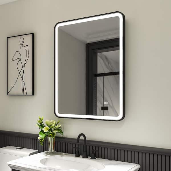 WELLFOR BONIE 28 in. W x 36 in. H Rectangular Framed Anti-Fog LED Wall Bathroom Vanity Mirror in Matte Black