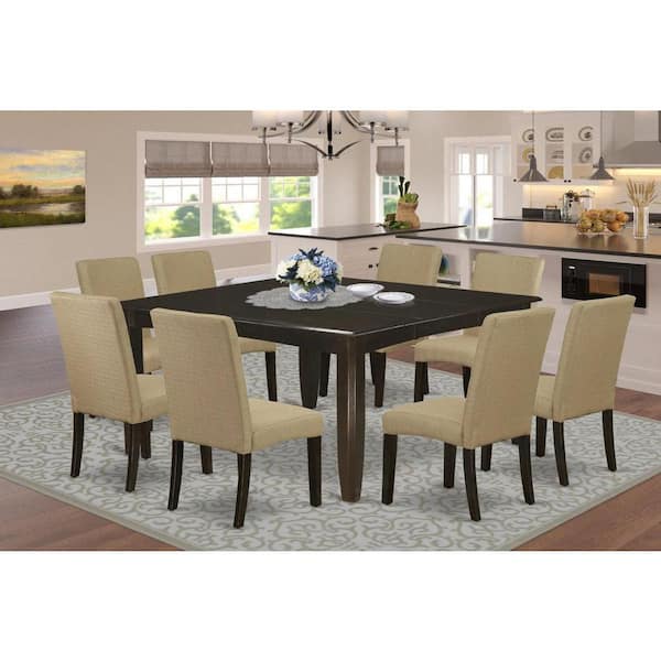 9-Piece Square Cappuccino Finish Solid Wood Top Dining Table with 8 Parson-Chairs with Butterfly Leaf Lattice Back