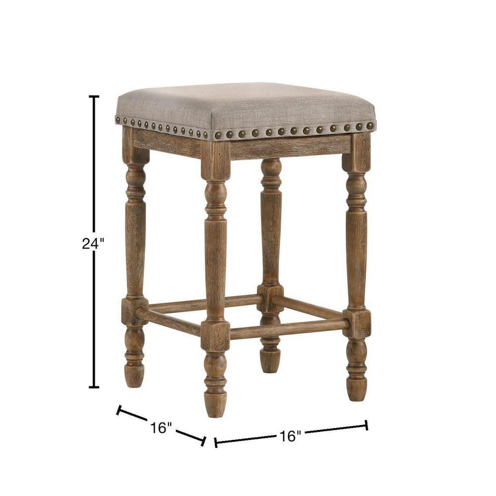 Weathered Oak Backless Counter Height Stool with Beige Upholstered Seat