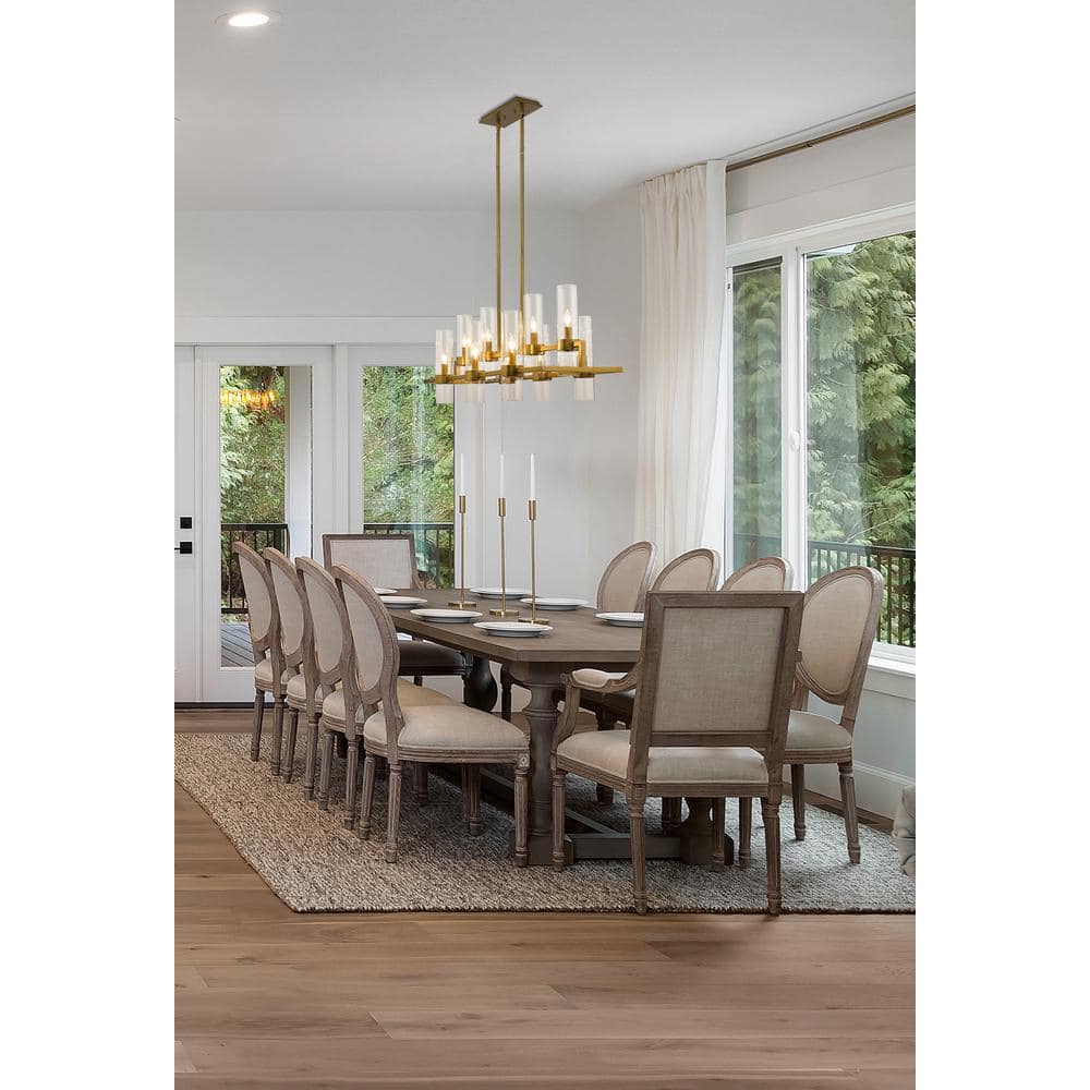 Datus 42.5" Rubbed Brass 10-Light Chandelier with Clear Glass Cylinders