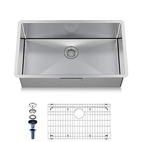 32 in. Undermount Single Bowl 18-Gauge Stainless Steel Kitchen Sink with Accessories and Gently Rounded Corners
