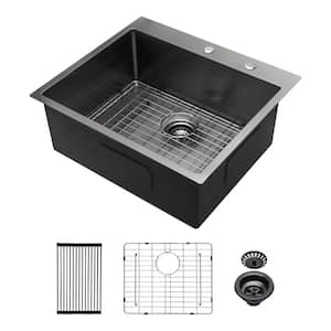 25 in. Drop-In Single Bowl 16-Gauge Gunmetal Black Stainless Steel Kitchen Sink Dish Grid,Drain Assembly,Cutout Template