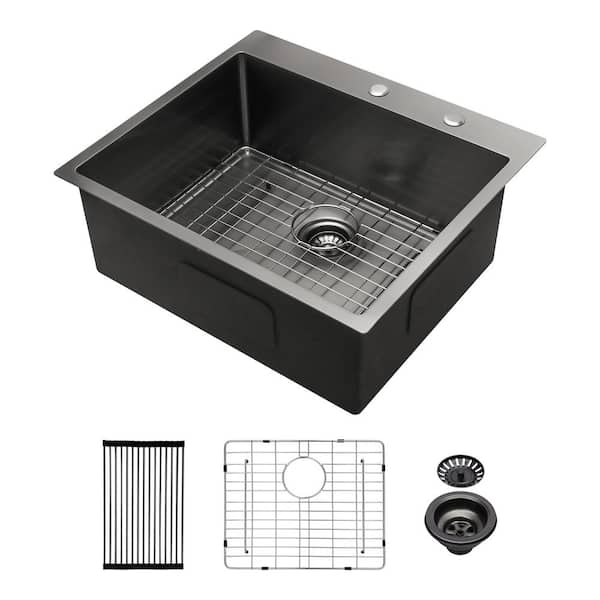 ANGELES HOME 25 in. Drop-In Single Bowl 16-Gauge Gunmetal Black Stainless Steel Kitchen Sink Dish Grid,Drain Assembly,Cutout Template