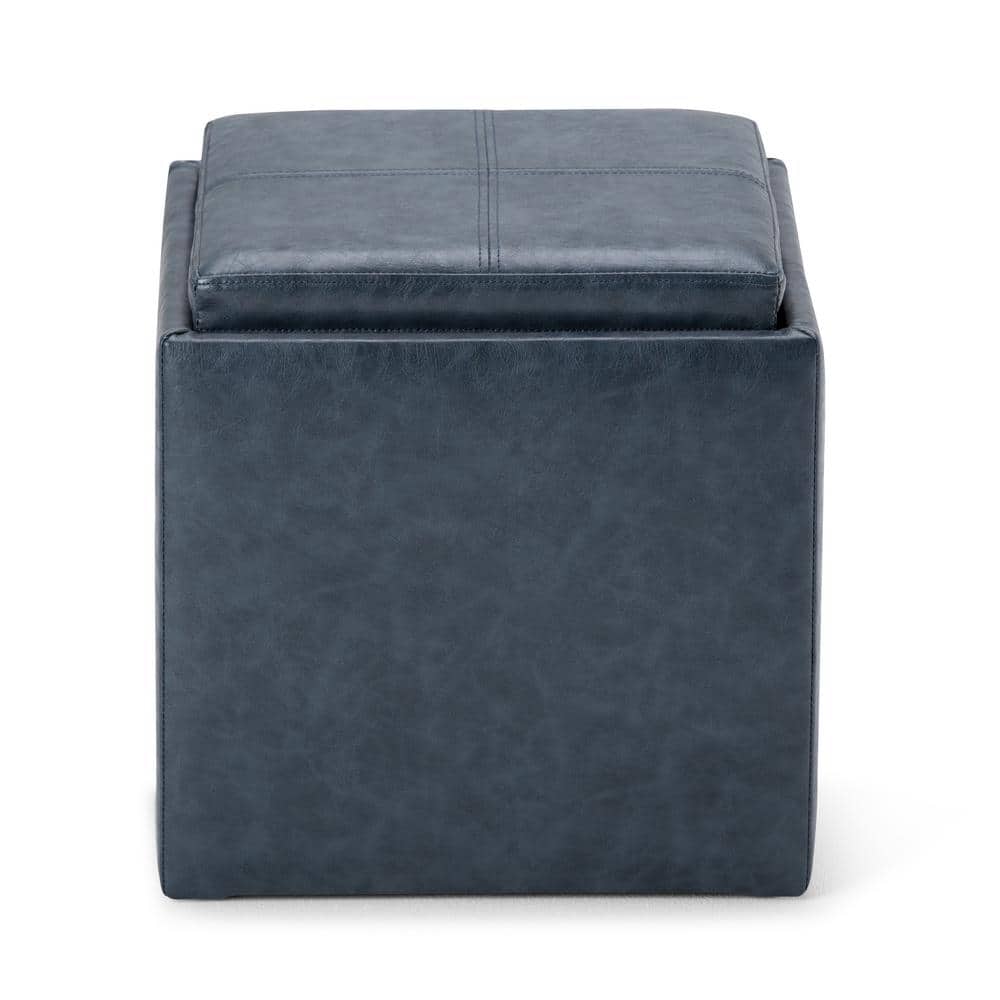 Denim Blue Faux Leather Square Storage Ottoman with Flip-Over Tray