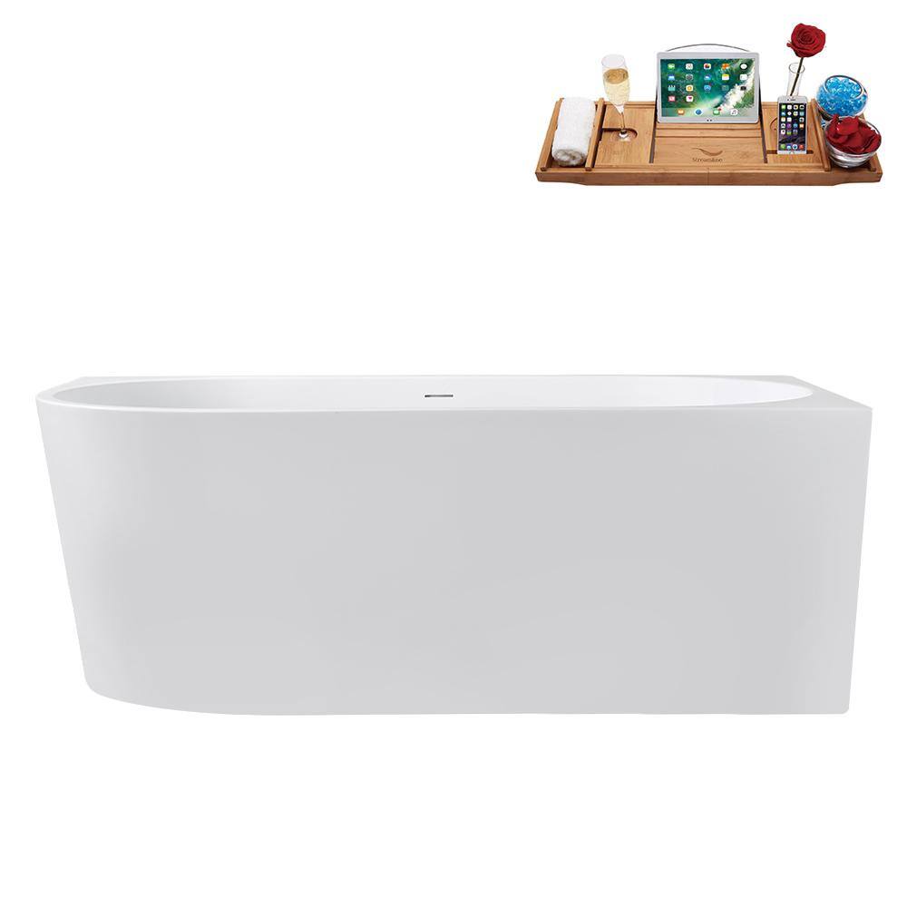 67" Glossy White Acrylic Freestanding Soaking Tub with Bamboo Tray