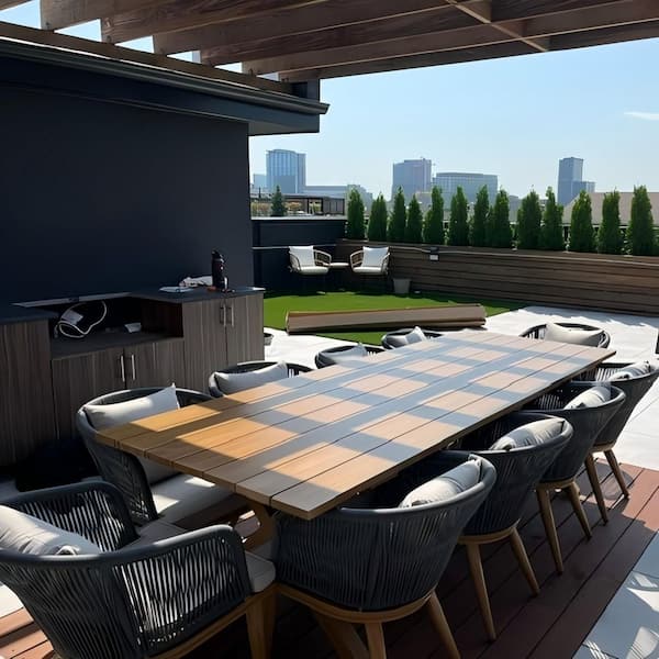 Teak-Finish 11-Piece Wicker Square Aluminum Frame Outdoor Dining Set and Pillows with Beige Cushions