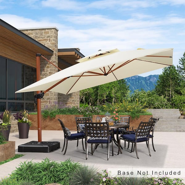 PURPLE LEAF 12 ft. Square All-aluminum 360° Rotation Wood pattern Cantilever Offset Outdoor Patio Umbrella in Cream